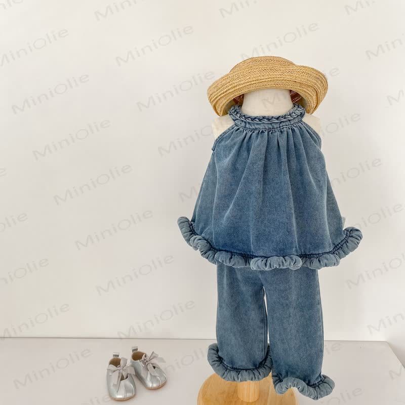 Completo da bambina composto da canotta e pantaloni in denim - image 1