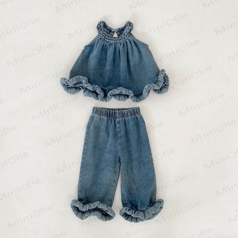 Completo da bambina composto da canotta e pantaloni in denim - Blu - 6-7T - image 2