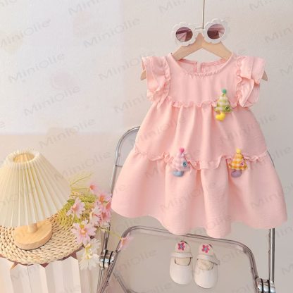 Vestito senza maniche in cotone con stampa di ombrelli e cartoni animati per bambina - Rosa - 4-5T - image 1