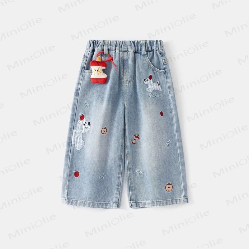 Pantaloni in denim per bambina con stampa di cane e mela - Blu - 8-9T - image 1