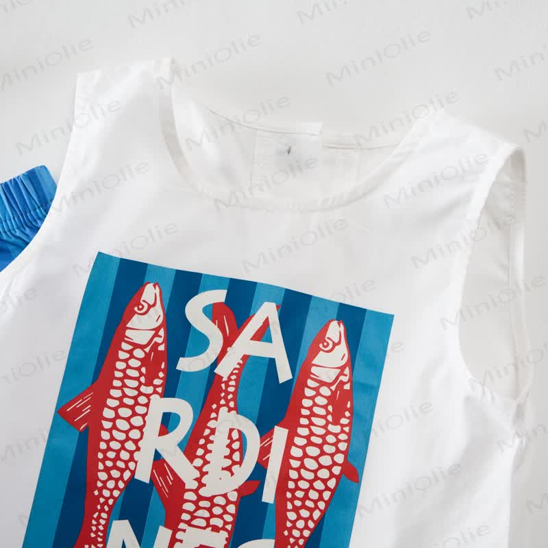 Completo senza maniche a due pezzi con stampa sardine blu a righe verticali per bambini. - image 2