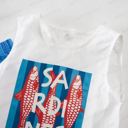Completo senza maniche a due pezzi con stampa sardine blu a righe verticali per bambini. - image 2