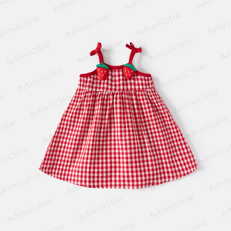 Vestito senza maniche in cotone con stampa a quadri e fragole per bambina. - Rosso - 4-5T - image 1