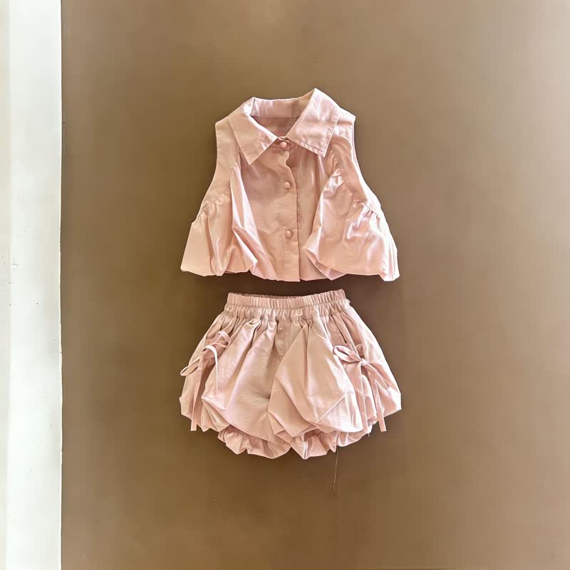 Completo per bambina composto da canotta e pantaloncini in cotone a tinta unita - Rosa - 4-5T - image 4