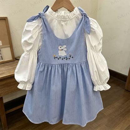 Vestito a quadretti blu in cotone con stampa di coniglietti per bambina - image 2
