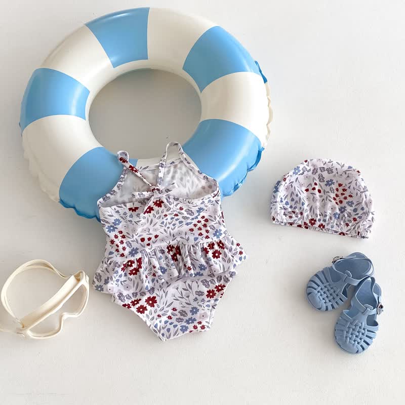 Costume intero per neonata con volant floreali e cappellino - image 2