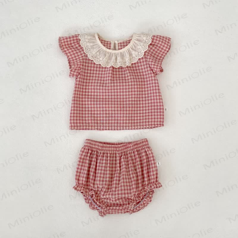 Completo da bambina composto da top e pantaloncini in pizzo a quadretti rosa. - Rosa - 3-4 anni - image 2