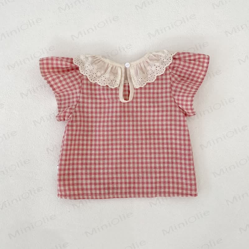 Completo da bambina composto da top e pantaloncini in pizzo a quadretti rosa. - image 3