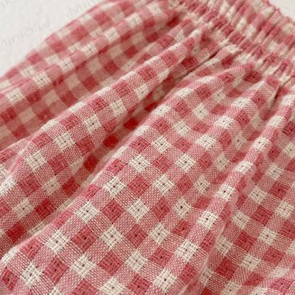 Completo da bambina composto da top e pantaloncini in pizzo a quadretti rosa. - image 7
