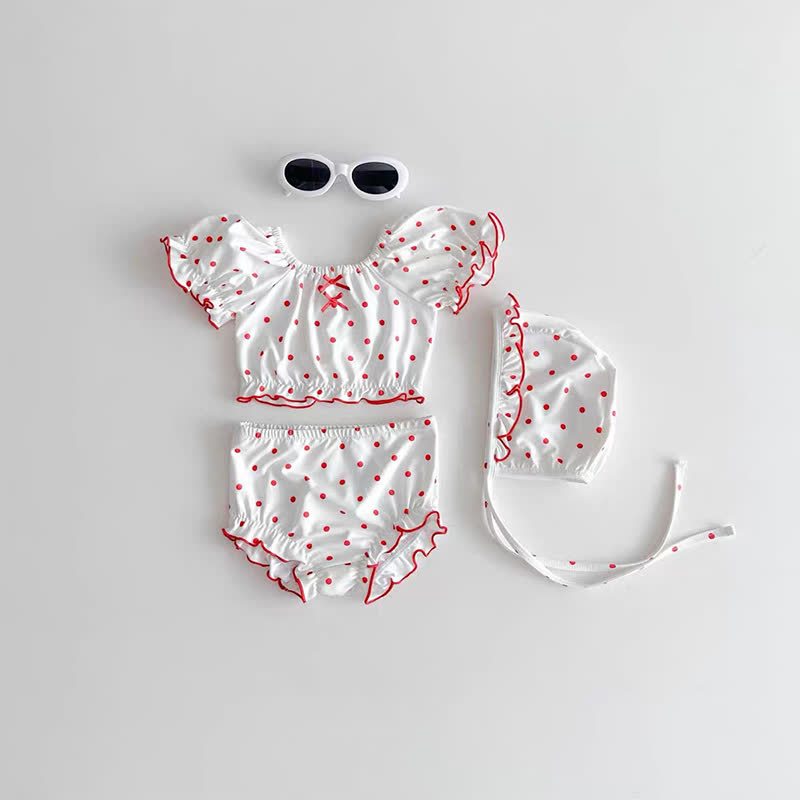 Completo da bagno per bambina con stampa a pois/quadri e volant, completo di cappellino. - Punto bianco - 2-3T - image 2