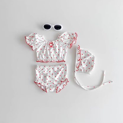 Completo da bagno per bambina con stampa a pois/quadri e volant, completo di cappellino. - Punto bianco - 2-3T - image 2