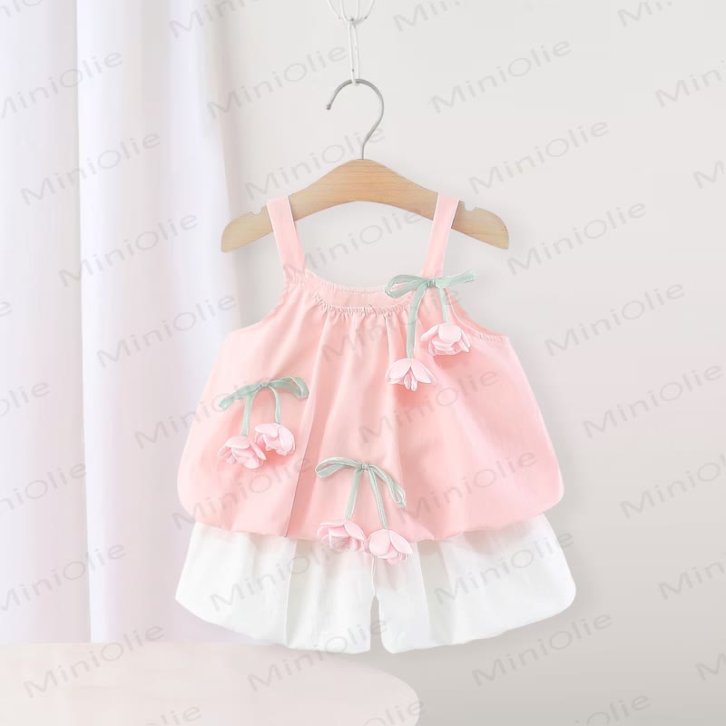 Completo da bambina composto da canotta e pantaloncini in cotone rosa con fiori. - Rosa - 3-4 anni - image 3