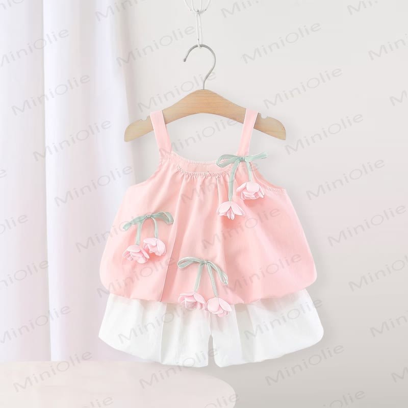 Completo da bambina composto da canotta e pantaloncini in cotone rosa con fiori. - Rosa - 3-4 anni - image 3