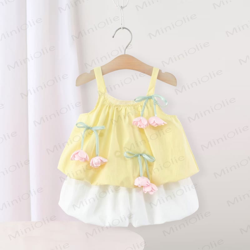 Completo da bambina composto da canotta e pantaloncini in cotone rosa con fiori. - Giallo - 3-4 anni - image 4