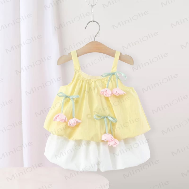 Completo da bambina composto da canotta e pantaloncini in cotone rosa con fiori. - Giallo - 3-4 anni - image 4