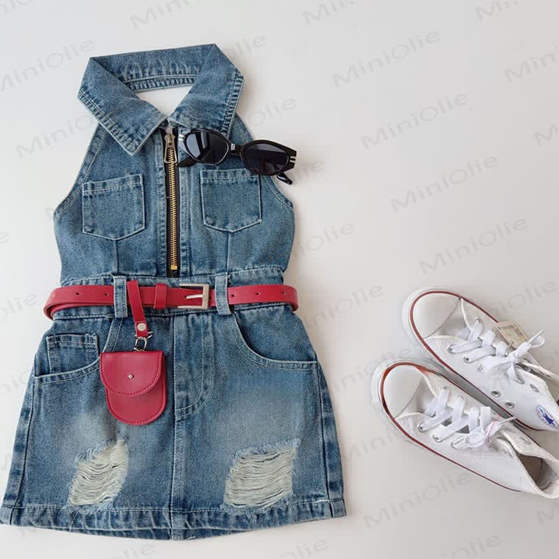 Vestito senza maniche in denim blu navy tinta unita per bambina - Blu - 10-11T - image 1