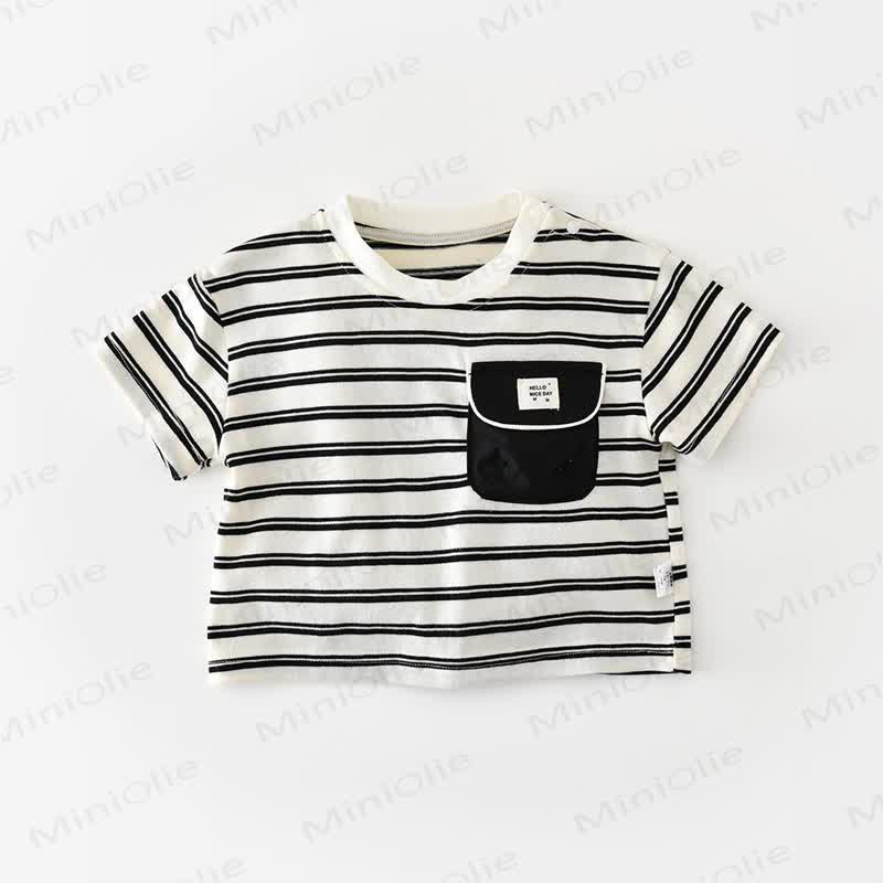 Maglietta a righe in cotone o pantaloncini neri tinta unita per neonati e bambini. - Bianco - 4-5T - image 3