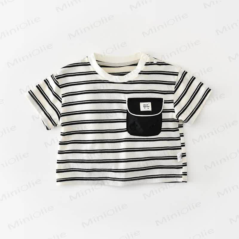 Maglietta a righe in cotone o pantaloncini neri tinta unita per neonati e bambini. - Bianco - 4-5T - image 3