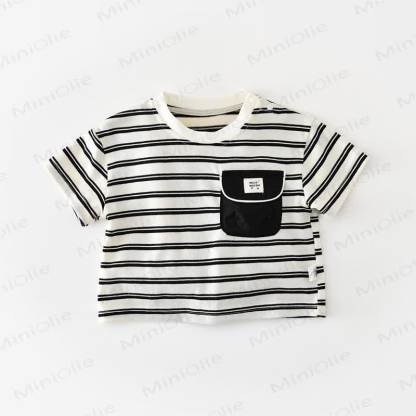 Maglietta a righe in cotone o pantaloncini neri tinta unita per neonati e bambini. - Bianco - 4-5T - image 3