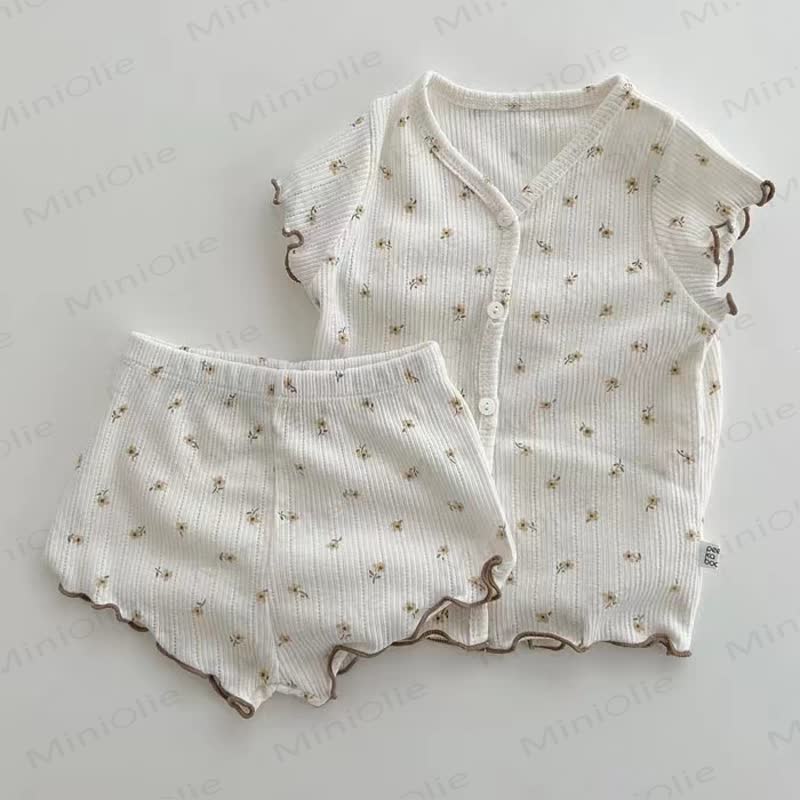 Completo pigiama da bambina in cotone con canotta e pantaloncini a stampa floreale. - Cachi - 2-3T - image 1
