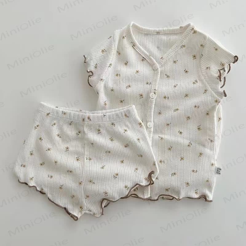 Completo pigiama da bambina in cotone con canotta e pantaloncini a stampa floreale. - Cachi - 2-3T - image 1