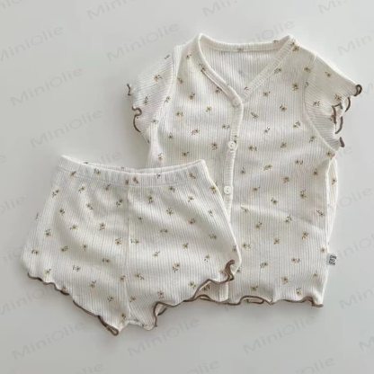 Completo pigiama da bambina in cotone con canotta e pantaloncini a stampa floreale. - Cachi - 2-3T - image 1