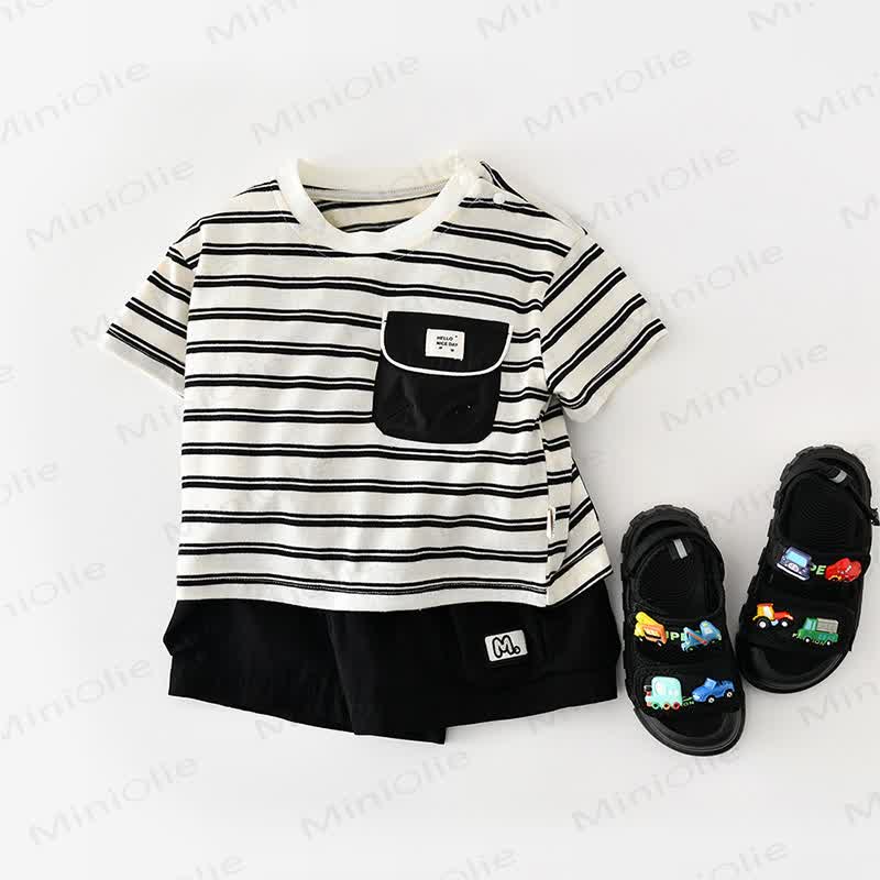 Maglietta a righe in cotone o pantaloncini neri tinta unita per neonati e bambini. - image 2