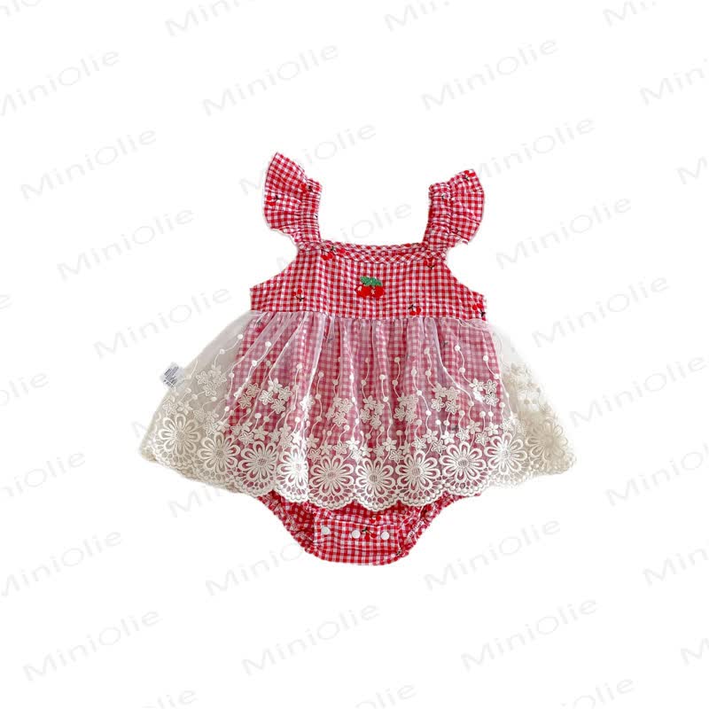 Body in pizzo a quadretti con stampa fragola per neonati - image 9
