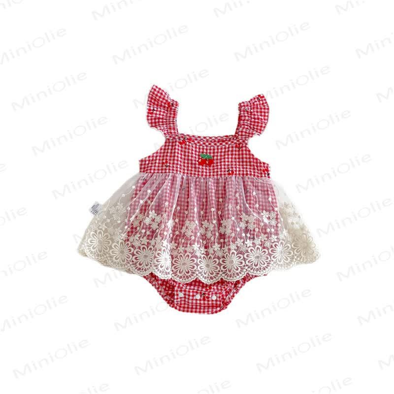 Body in pizzo a quadretti con stampa fragola per neonati - image 9