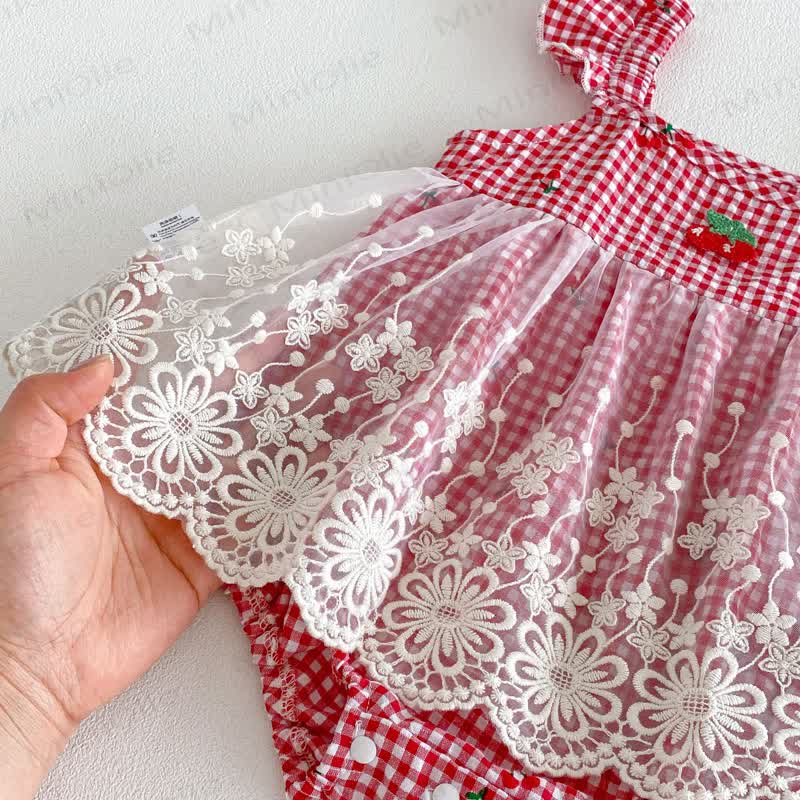 Body in pizzo a quadretti con stampa fragola per neonati - image 6