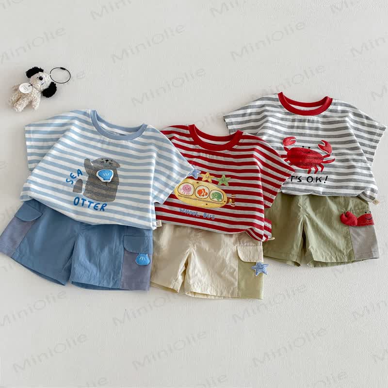 Maglietta a righe in cotone o pantaloncini a tinta unita per neonati e bambini piccoli - image 1