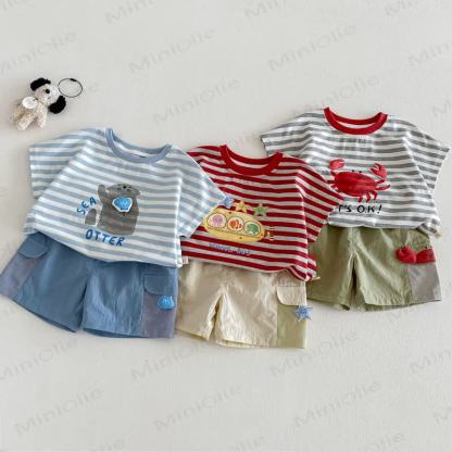 Maglietta a righe in cotone o pantaloncini a tinta unita per neonati e bambini piccoli - image 1