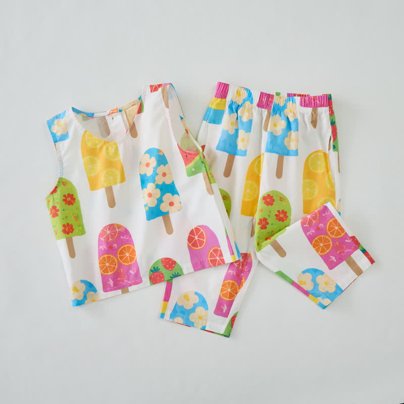 Completo da bambina senza maniche con stampa di gelato colorato, composto da due pezzi. - image 2