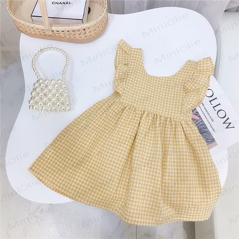 Vestito da bambina Gumiko a quadretti gialli in cotone - image 4
