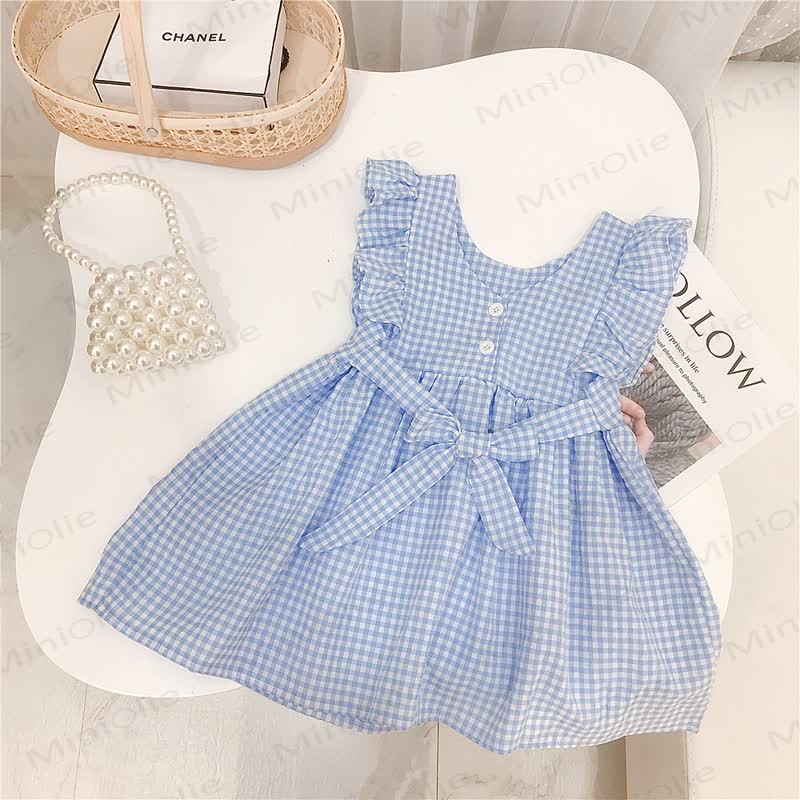 Vestito da bambina Gumiko a quadretti gialli in cotone - Blu - 4-5T - image 3