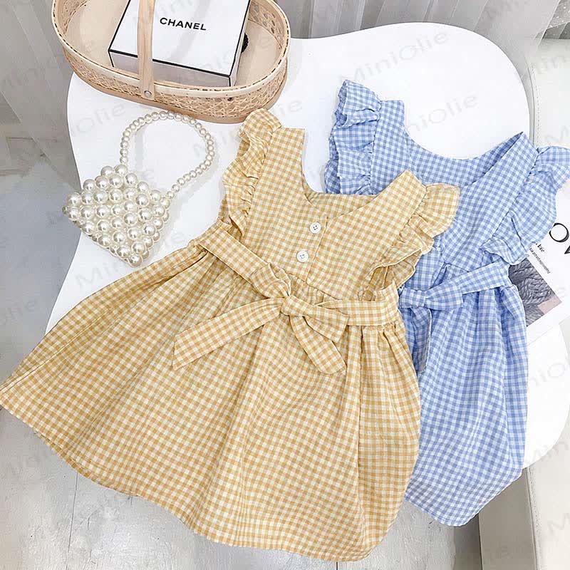 Vestito da bambina Gumiko a quadretti gialli in cotone - image 1