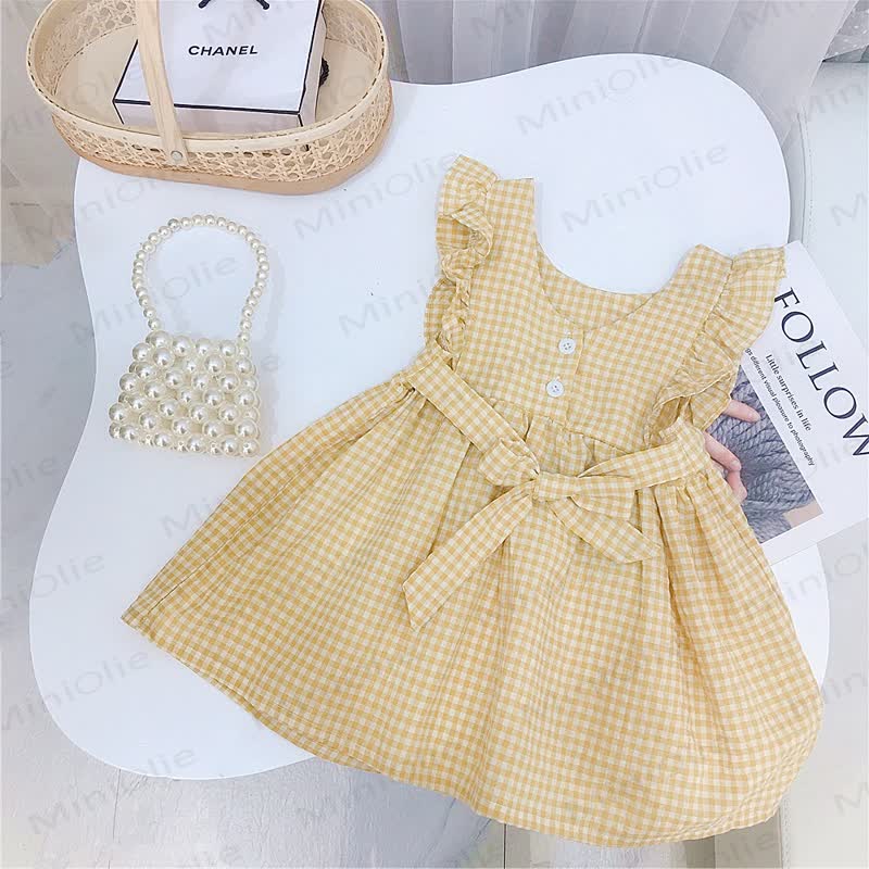 Vestito da bambina Gumiko a quadretti gialli in cotone - Giallo - 4-5T - image 2