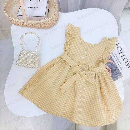 Vestito da bambina Gumiko a quadretti gialli in cotone - Giallo - 4-5T - image 2