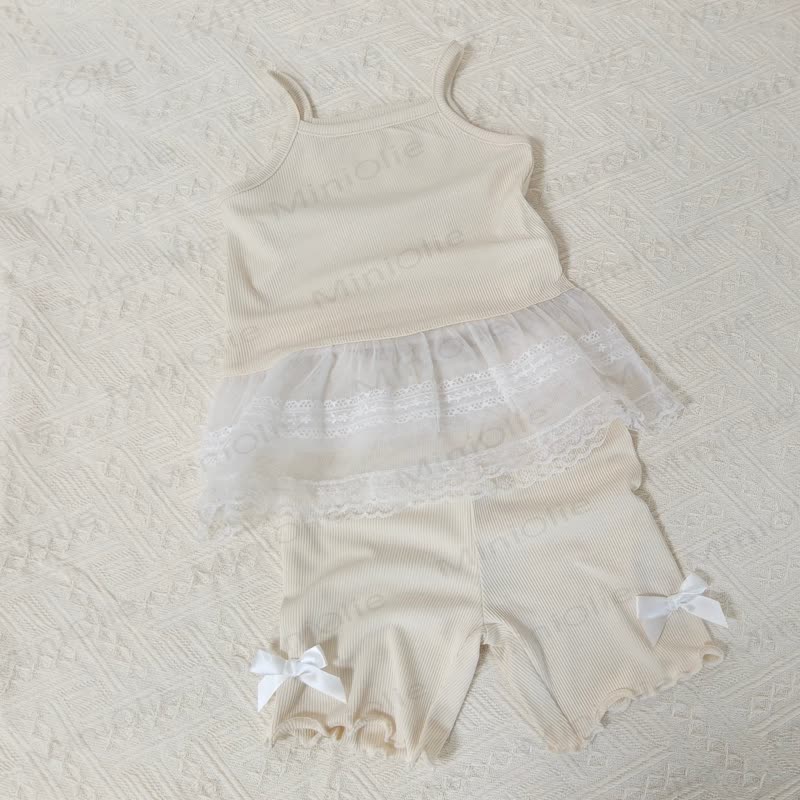 Completo per bambina composto da canotta e pantaloncini in cotone a coste con fiocco in pizzo. - Albicocca - 4-5T - image 3