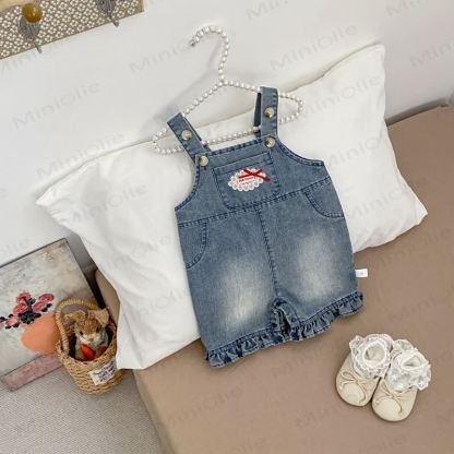 Salopette da bambina in denim lavato con volant e fiocco - Blu - 4-5T - image 1