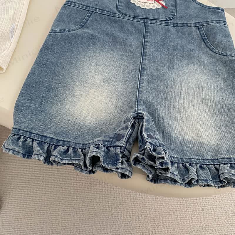 Salopette da bambina in denim lavato con volant e fiocco - image 4