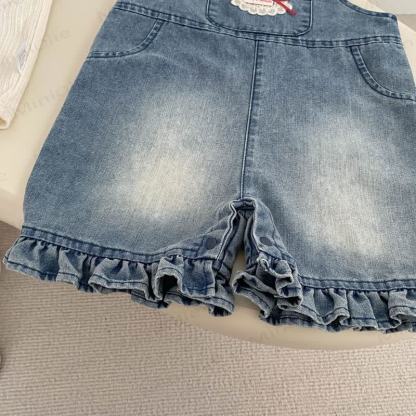Salopette da bambina in denim lavato con volant e fiocco - image 4