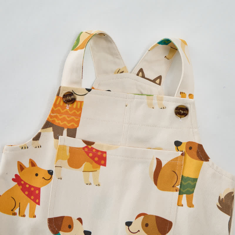 Salopette beige per neonati e bambini con stampa di cani e tasche - image 4