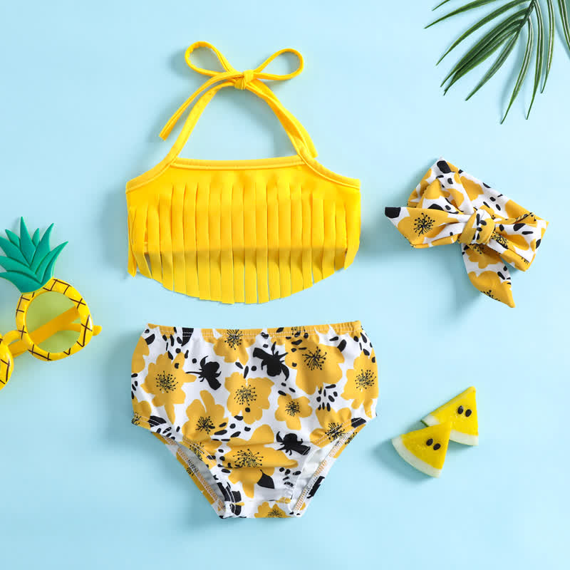 Costume da bagno a tre pezzi giallo a fiori per bambina con fascia per capelli - image 2