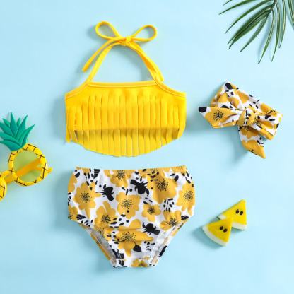 Costume da bagno a tre pezzi giallo a fiori per bambina con fascia per capelli - image 2
