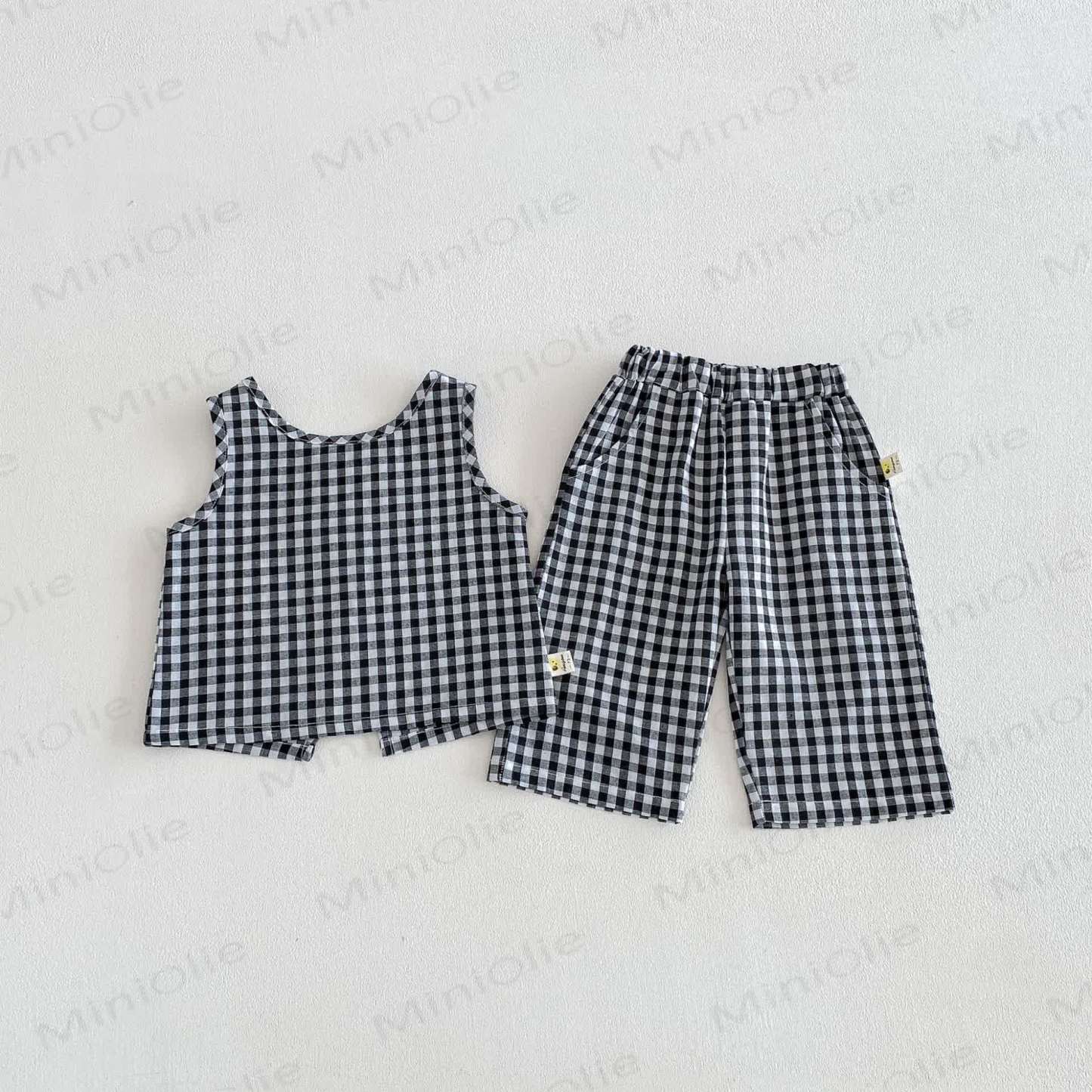 Completo da bambina composto da canotta e pantaloni in cotone a quadretti. - Grigio - 3-4 anni - image 2