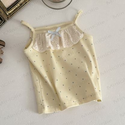 Completo da bambina con canotta e pantaloncini in cotone a pois con volant. - image 3