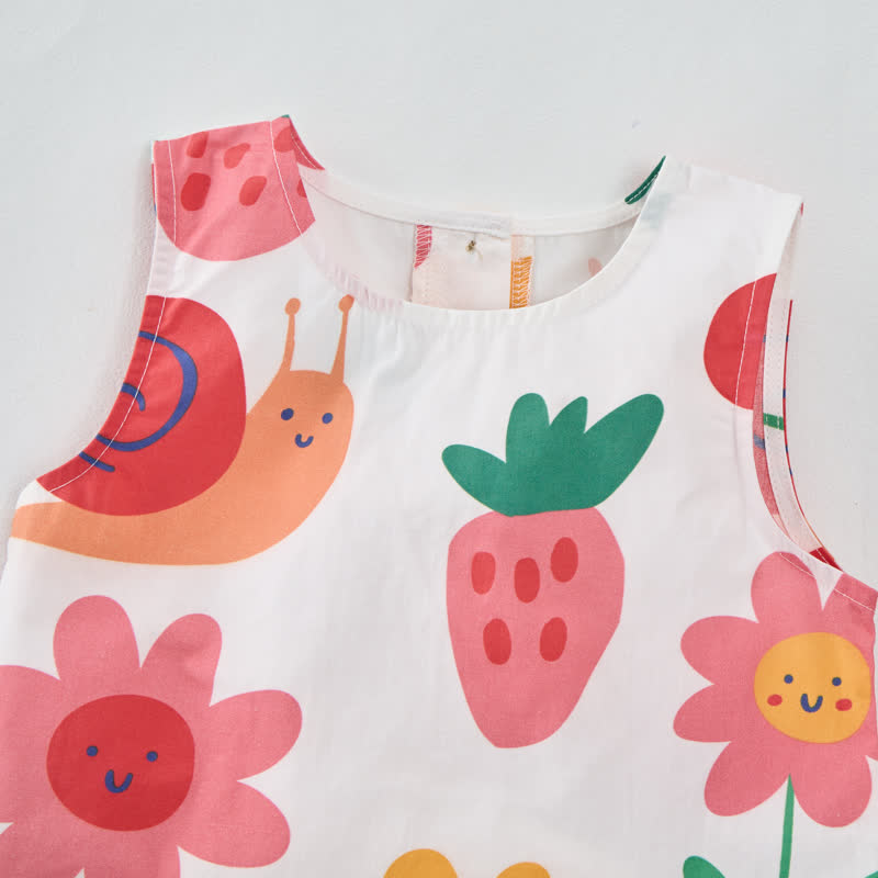 Completo da neonata/bambino senza maniche, due pezzi con stampa floreale bianca e frutta. - image 5