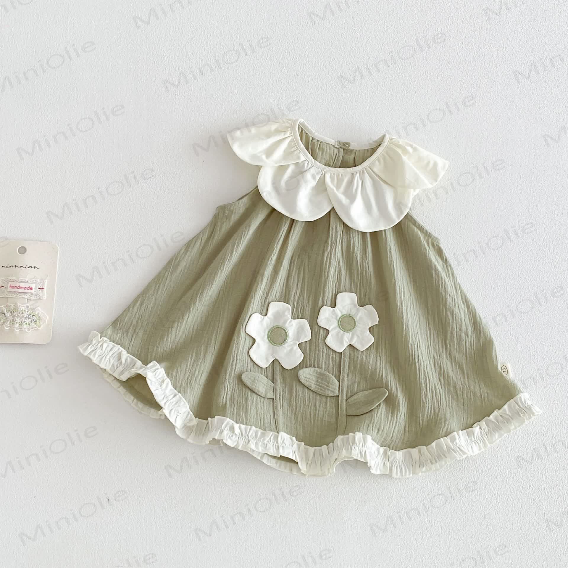 Vestito senza maniche con colletto a petalo e stampa floreale per bambina - Verde - 4-5T - image 2