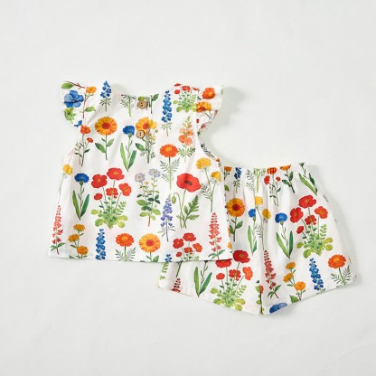 Completo da neonata/bambina composto da top e pantaloncini bianchi con stampa floreale, due pezzi. - image 3